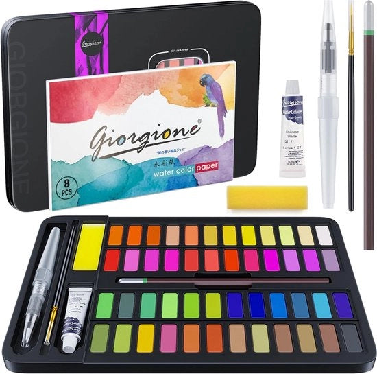 Aquarel per Principianti, set completo con aquarel per adulti e bambini, composto da 48 aquarelli, 1 pennello, 1 contenitore d'acqua, 1 matita per disegno, 1 spugna, 8 pennelli a setole.