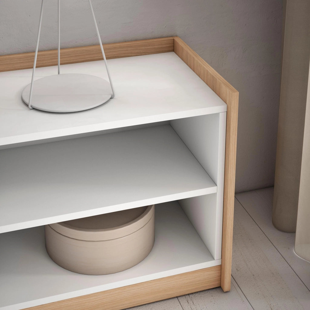 Mobile TV Soggiorno, 310x50x37 cm, Per TV fino a 80", Camino elettrico, Bianco e Rovere soft