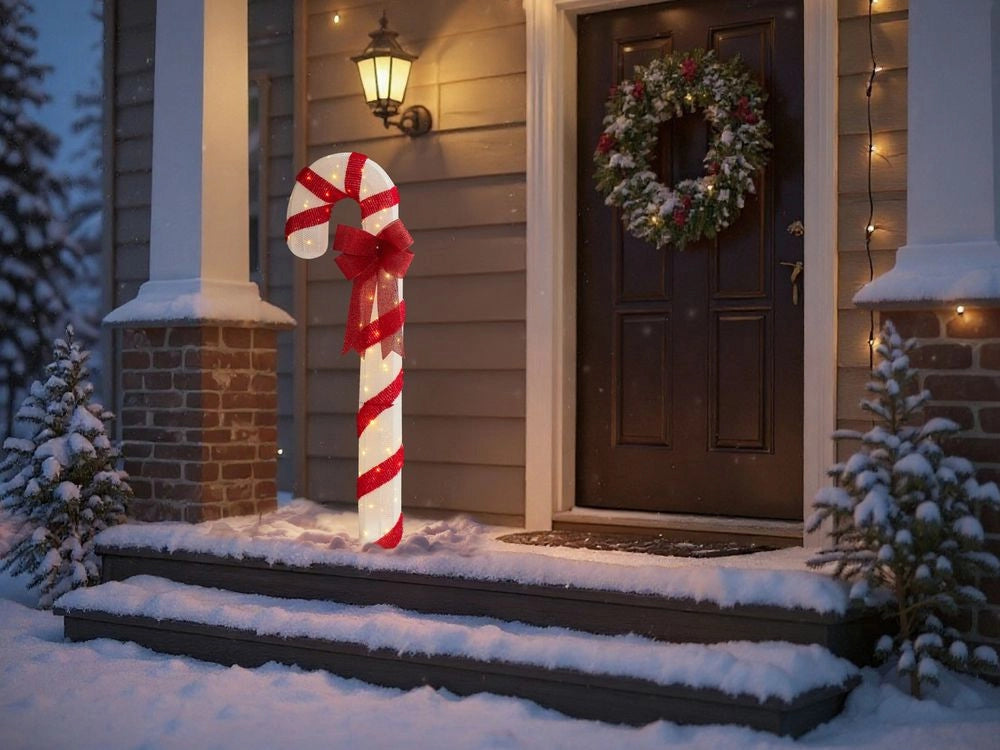 Decorazione LED da Esterno Bastoncino di Zucchero in Metallo Rosso e Bianco per Giardino e Patio con Luci Arredo Stagionale