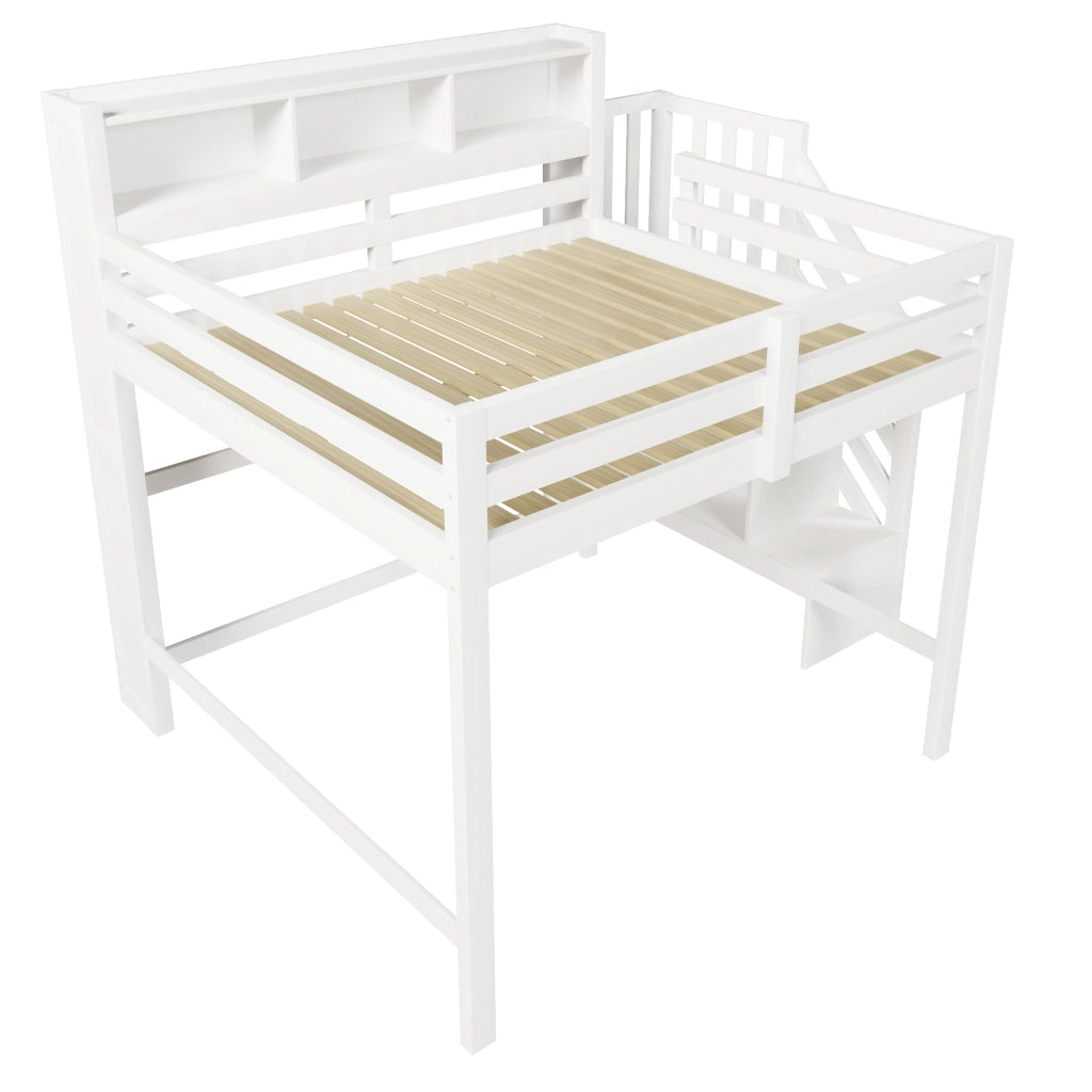 Letto a soppalco 140 × 200 cm con LED scala con contenitore in legno di pino e MDF bianco
