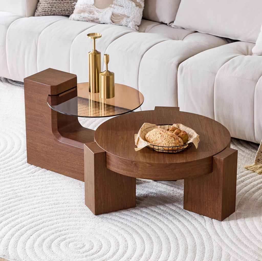 Tavolino da caffè rotondo a due livelli in MDF effetto noce e vetro marrone; 61 cm