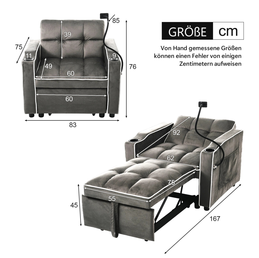 Divano letto singolo 3 in 1 reclinabile 83x167x76 cm; grigio scuro antico; in velluto e schiuma