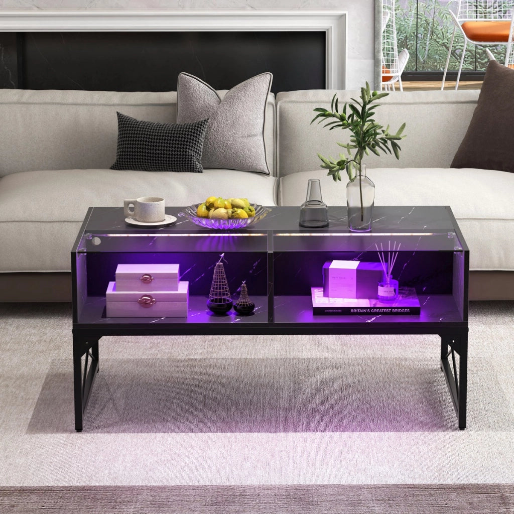 Tavolino basso con luci LED regolabili e 4 cubi di stoccaggio, Tavolino da salotto moderno con elecomando Nero-Tavolini da salotto