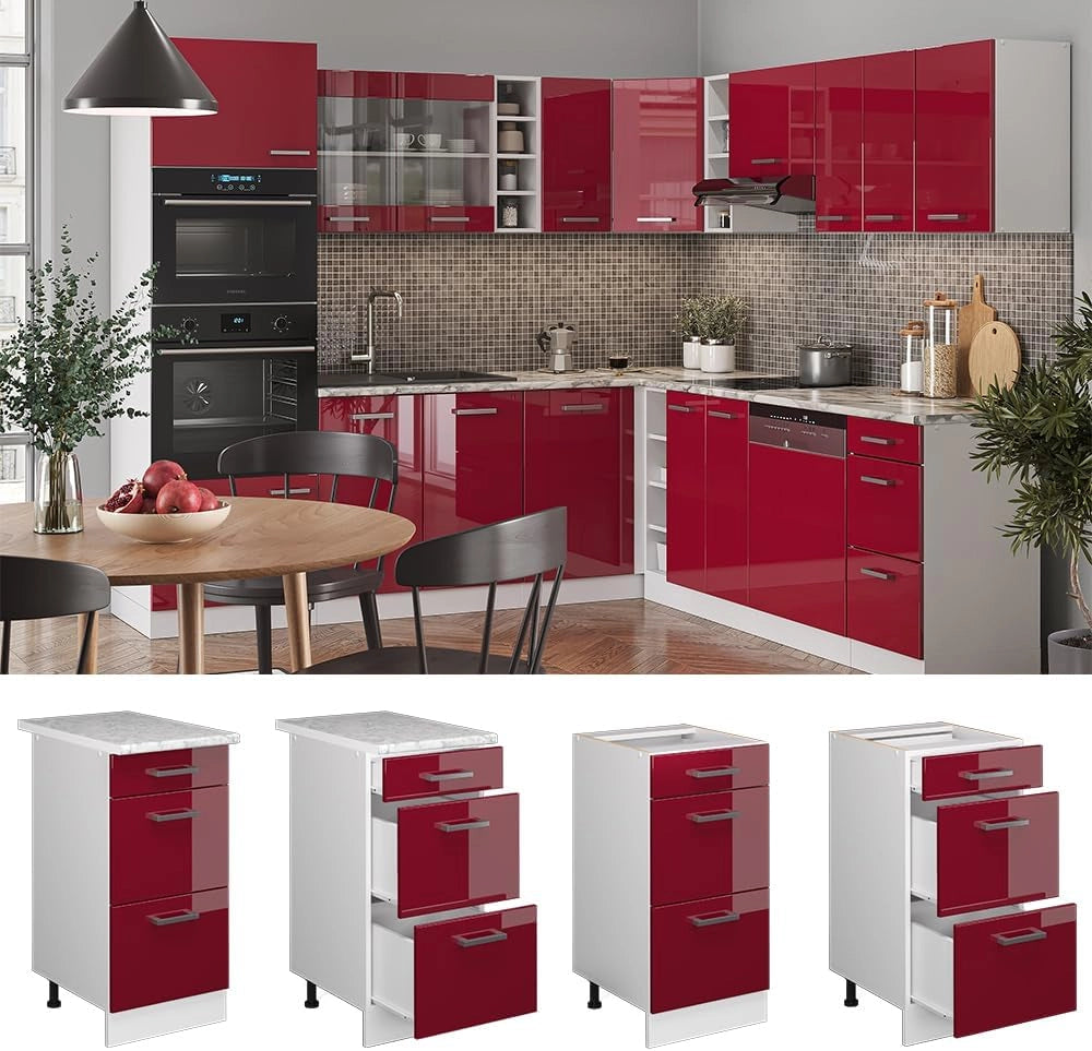 Mobiletto base per cucina R-Line, Rosso lucido, 40 cm con cassetti, senza piano di lavoro, per la libera combinazione all'interno di sistemi cucina modulari