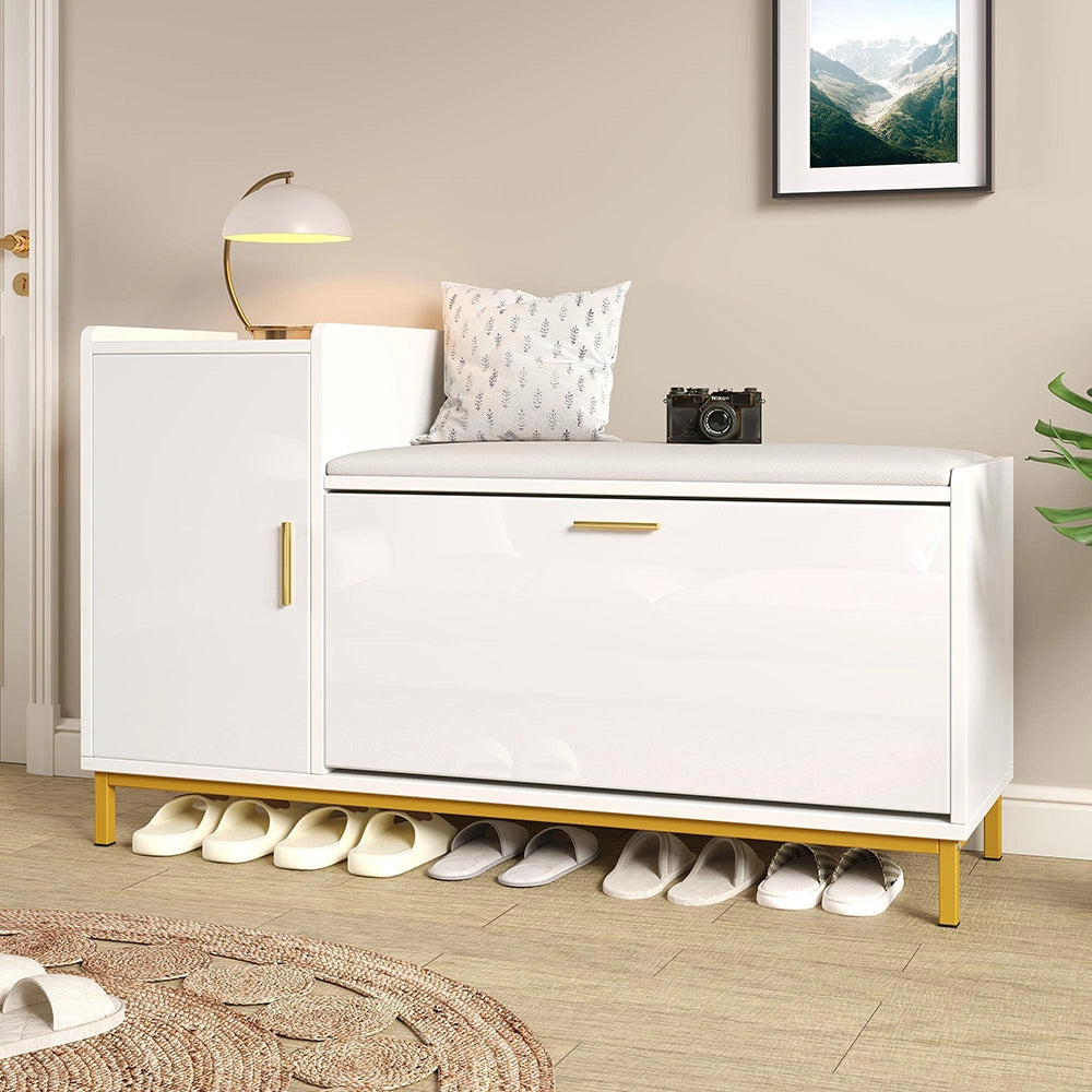 Panchina porta scarpe 100x38x68 cm - Xylo - 2 scomparti, seduta imbottita, piedi metallo oro, bianco e oro