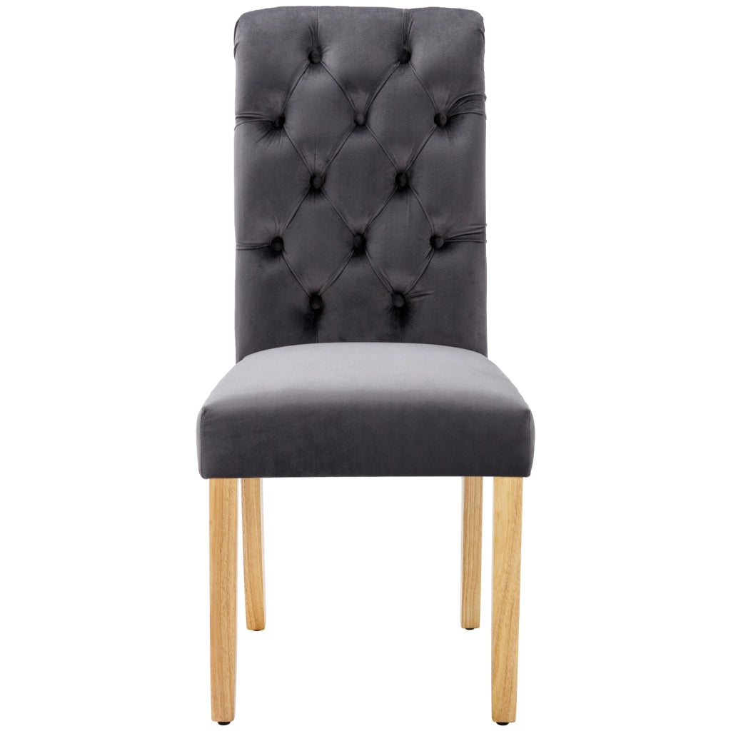 Set di 2 sedie da sala da pranzo in velluto grigio con gambe in legno di quercia, schienale curvo e design capitonné