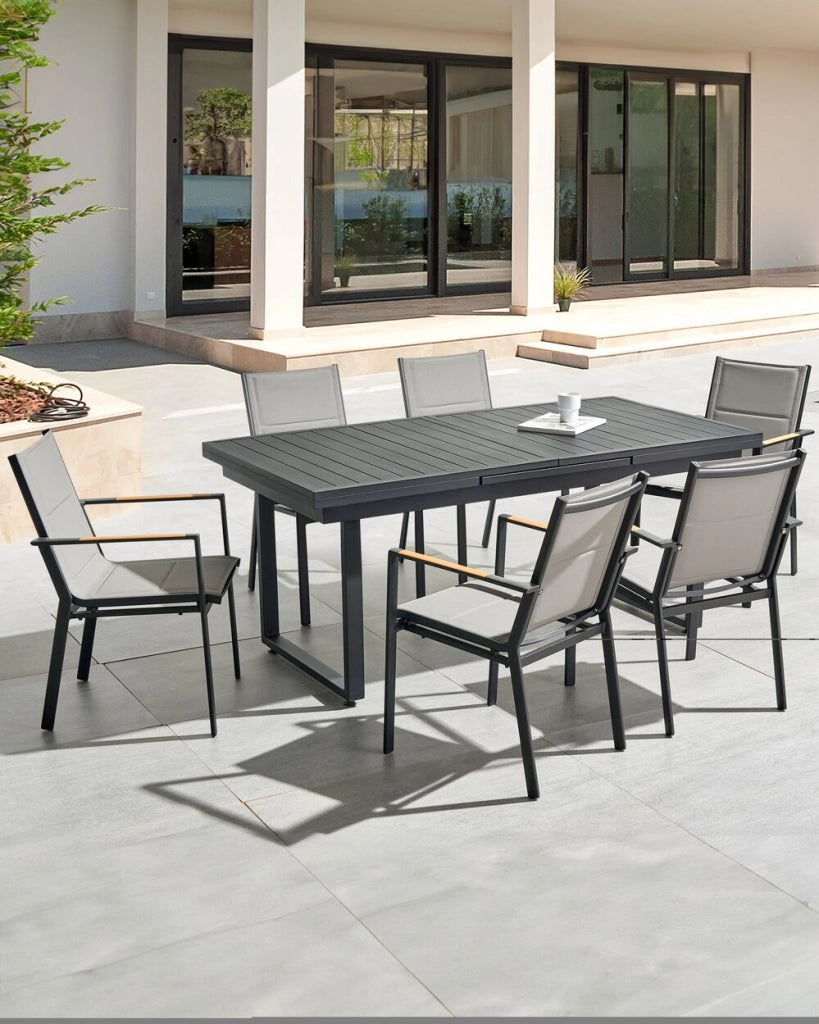 Set di 6 sedie da giardino in metallo nero grigio chiaro con cuscini in legno moderno