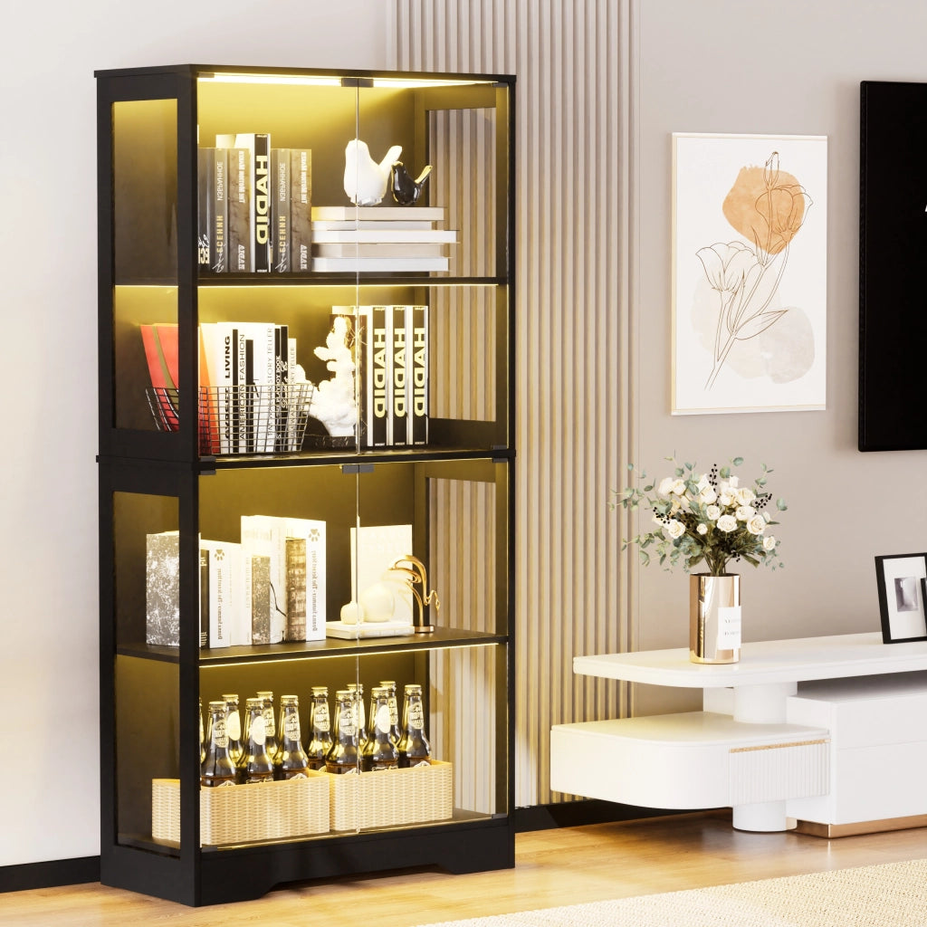 Vetrina in Vetro 4 Ripiani con Luce LED e Ante ¨C MINIMAL ¨C Nero