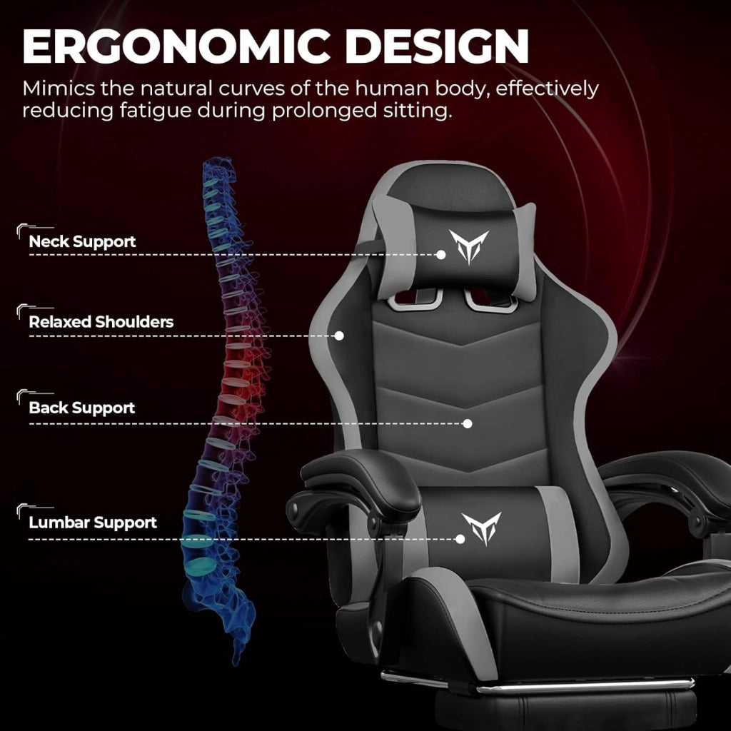 Sedia da Gaming Ufficio Ergonomica, Sedia da Gioco con Poggiapiedi, Poggiatesta e Supporto Lombare Regolabili, Poltrona da Gaming, Grigio