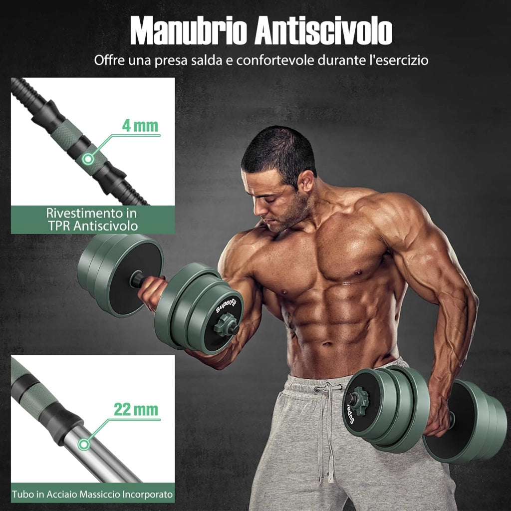 Set di Manubri Regolabili, Set di Pesi Liberi con Connettore, Attrezzi da Palestra Domestica 4 in 1 Include Bilanciere, Manubri, Kettlebell & Supporto per Flessioni per Donne e Uomini