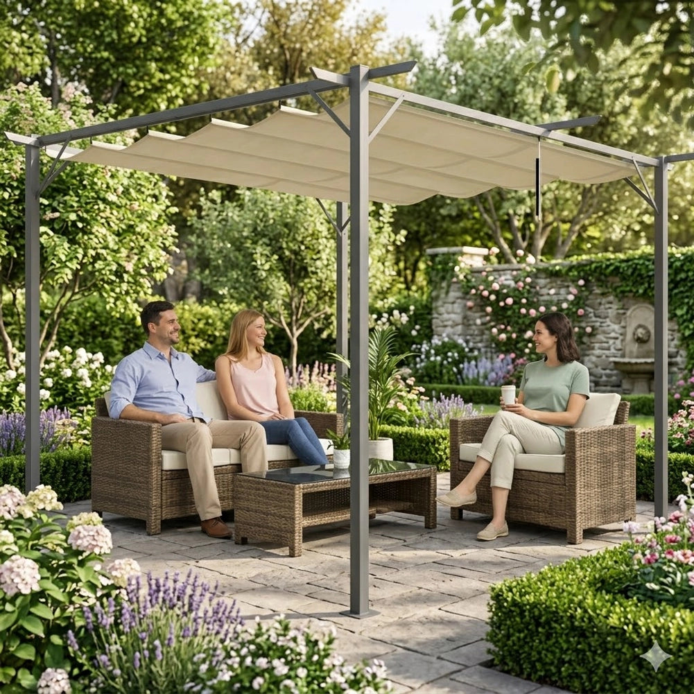 Pergola Gazebo Retrattile da Giardino 3x3 Metri Beige Anti UV e Impermeabile
