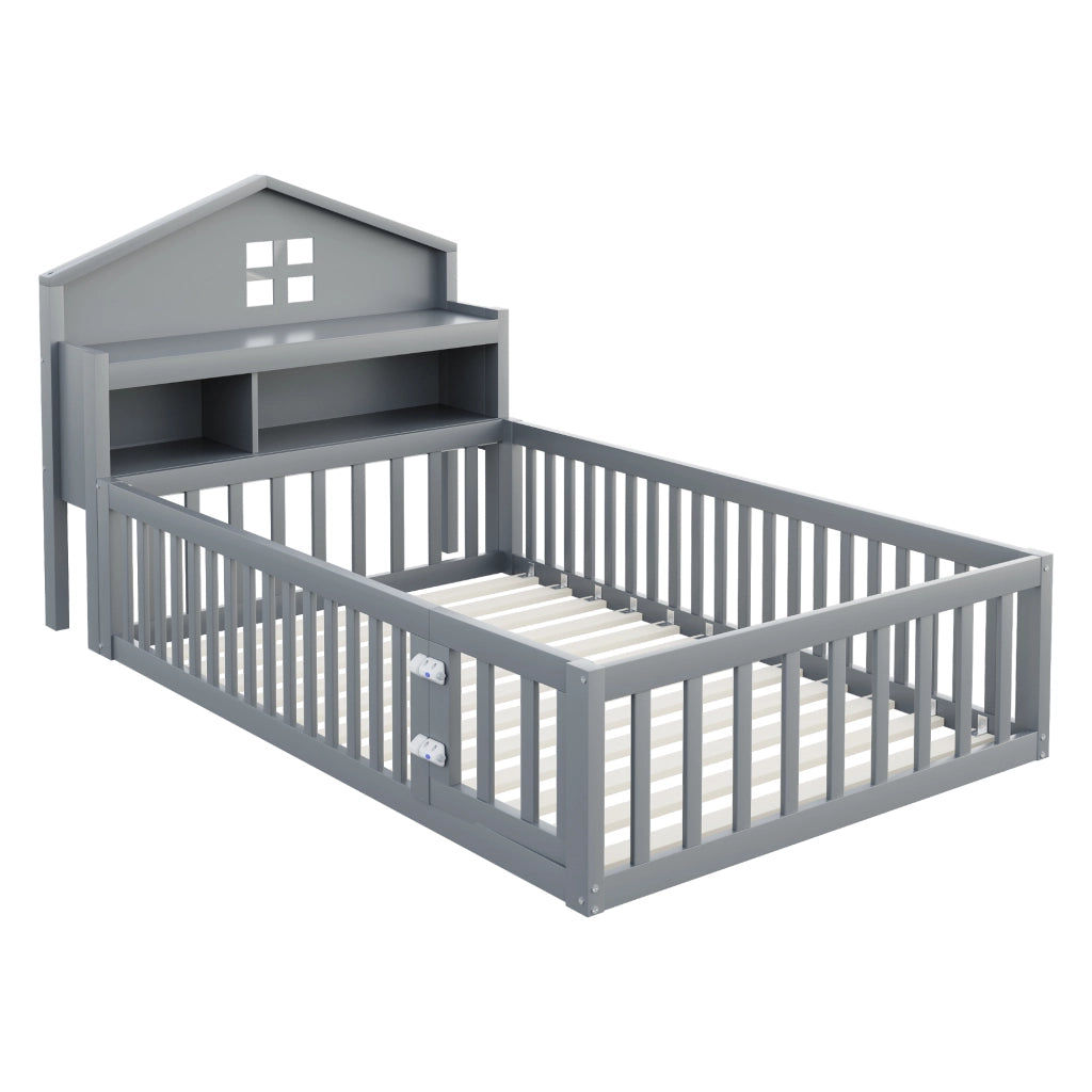 Letto a forma di casa grigio in legno massello con funzione contenitore e rete a doghe 90x200 cm