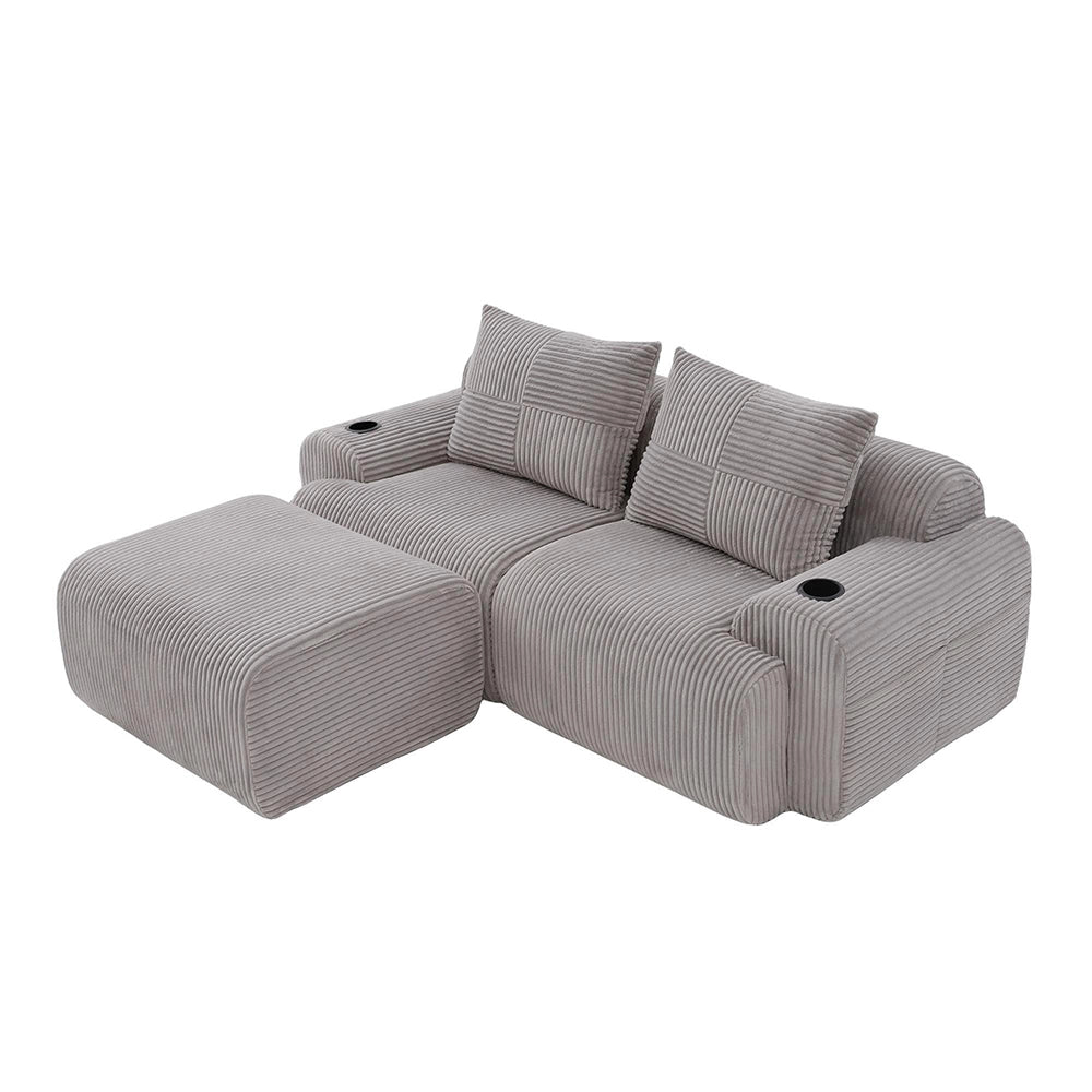 Canap¨¦ modulable in velluto costato per 2 persone - Xylo - Grigio chiaro con porta-bevande e tasche laterali