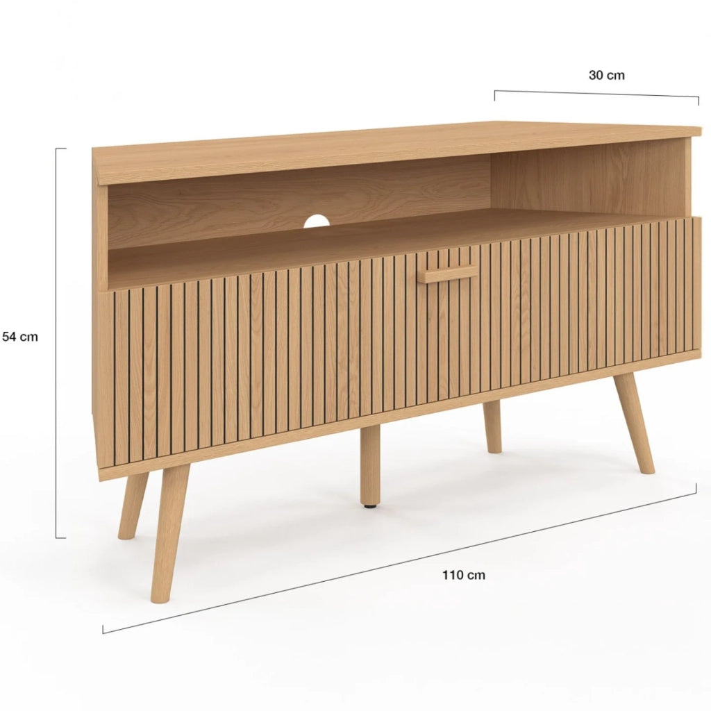 IDMarket - Mobile TV angolare JULIETTE 110 cm con 1 anta a doghe effetto rovere
