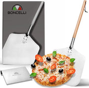 Set di sfregamento per pizza in acciaio inox lavorato, schiaccia pizza da 83 cm con manico di betulla, ottimale per taglie da 33 x 30 cm, schiaccia degen in set