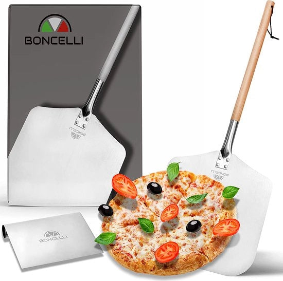 Set di sfregamento per pizza in acciaio inox lavorato, schiaccia pizza da 83 cm con manico di betulla, ottimale per taglie da 33 x 30 cm, schiaccia degen in set
