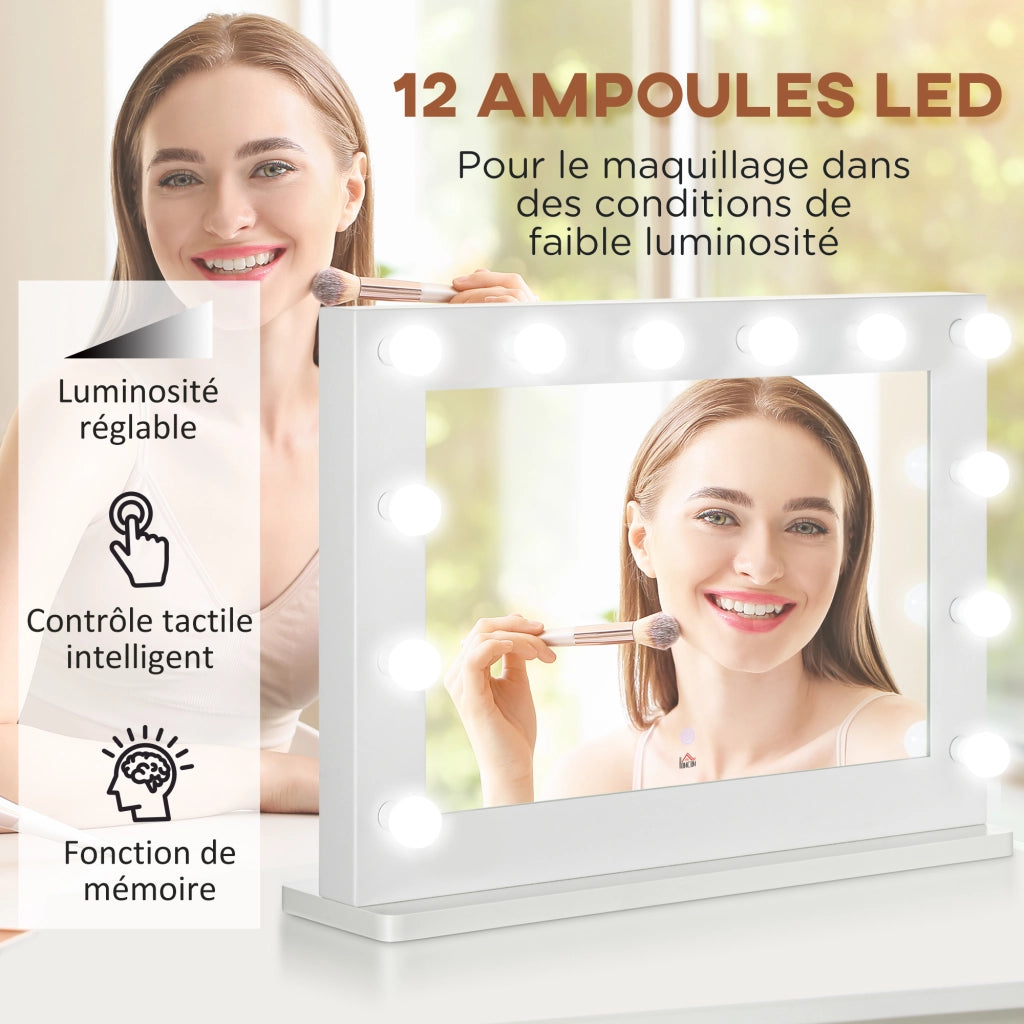 Specchio Trucco Hollywood con 12 LED Touch Dimmerabile in Metallo e MDF Bianco