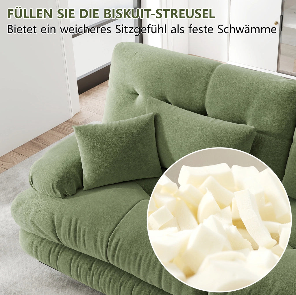 Divano modulare con ottomane mobili in ciniglia verde; 313 x 145 x 81 cm