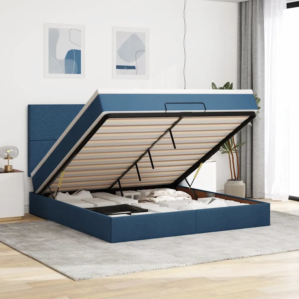 Struttura Letto Pouf con Materasso Blu 180x200cm in Tessuto 3313947