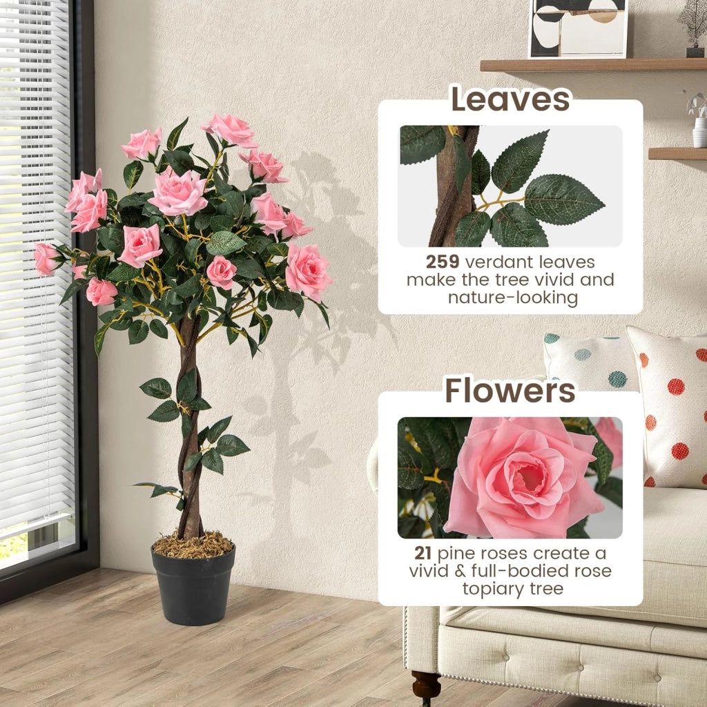 Pianta di vaso con rose artificiali, albero di fiori realistico, con tronco di legno e vaso di cemento, senza manutenzione, per la decorazione della casa e dell'ufficio