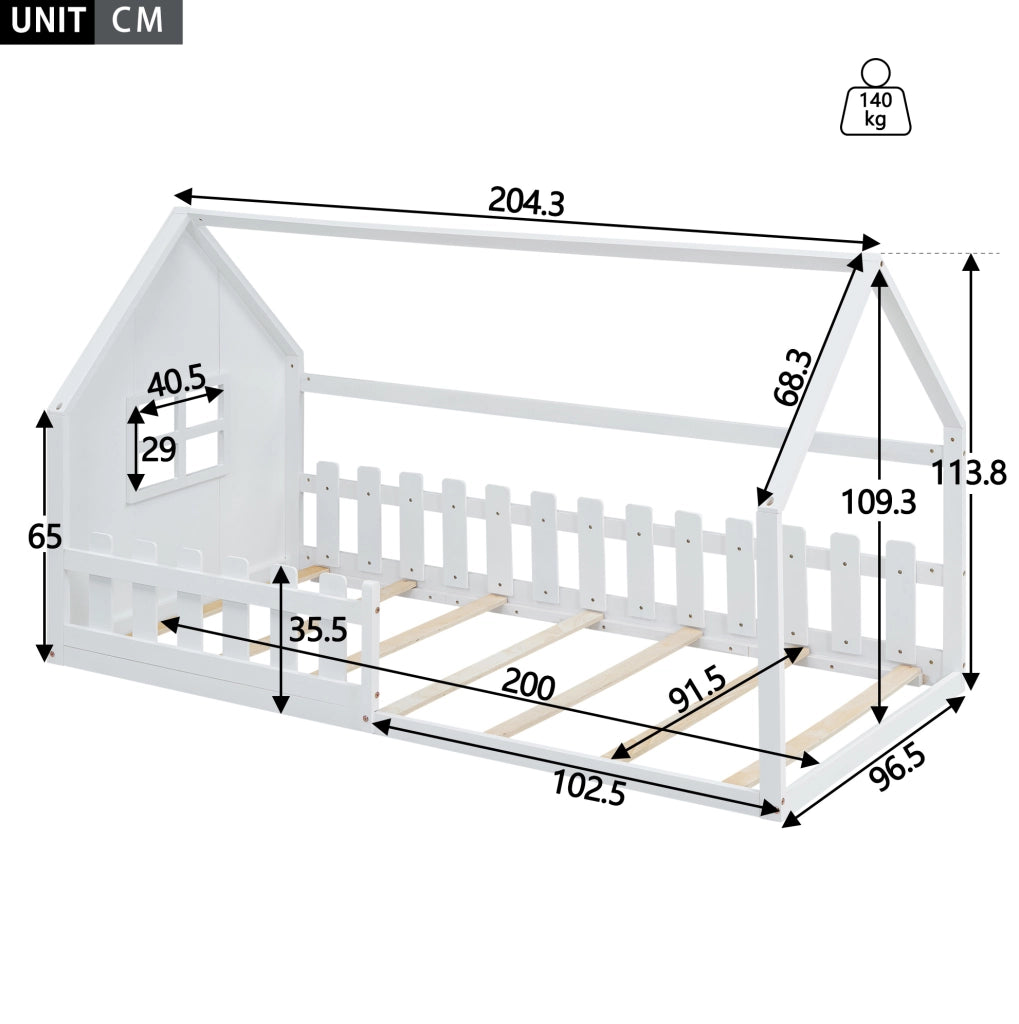 Letto per bambini 90x200 cm a forma di casetta; in pino e MDF; bianco