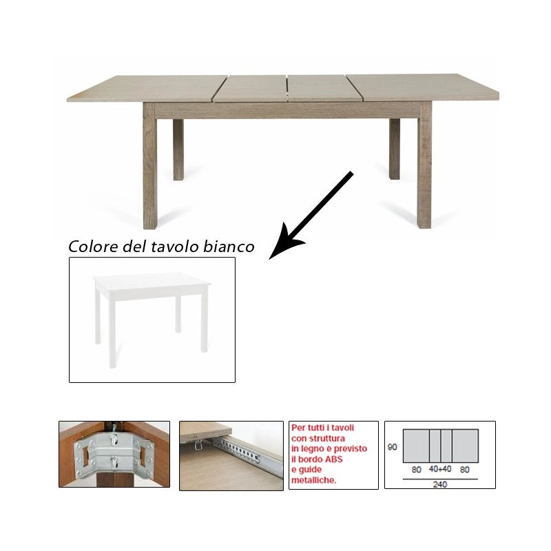 Tavolo pranzo allungabile bianco interamente legno nobilitato cm 90x160-240