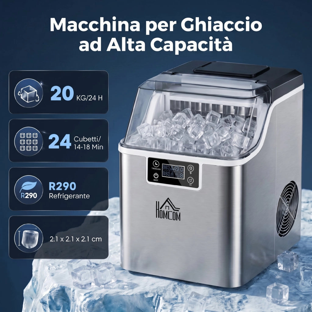 Macchina del Ghiaccio Autopulente da 24 Cubetti ¨C Minimal ¨C Acciaio Inox 25.2x36x37.1 cm