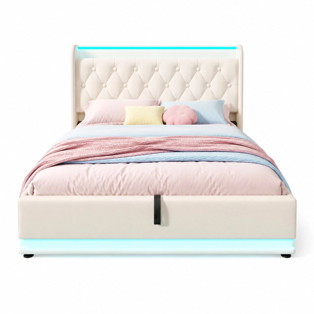 Letto matrimoniale imbottito 140x200 cm in PU bianco con LED 360掳; USB-C e contenitore idraulico