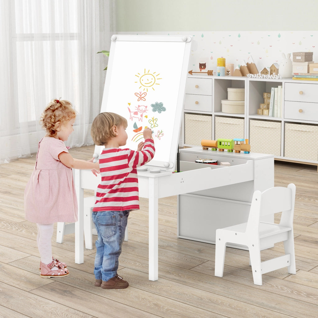 Tavolo multifunzione in legno con piano sollevabile rotolo di carta di stoccaggio, Set tavolo da disegno e cavalletto per bambini Bianco