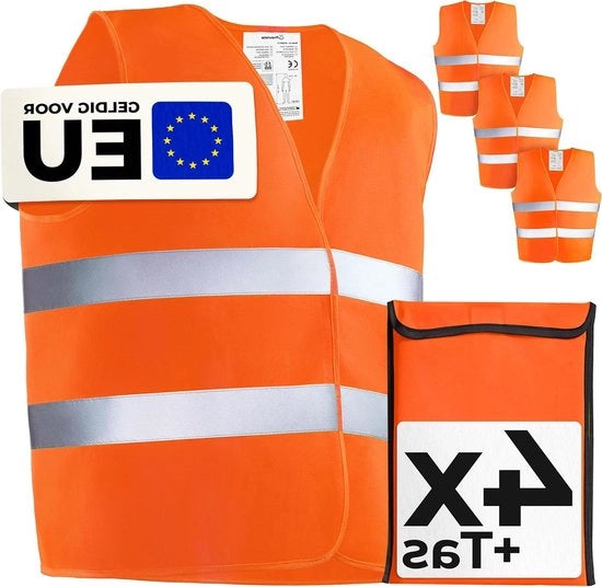 Kit di Protezione di Sicurezza Riflettente con Alta Visibilità con Tasca - Certificato EN ISO 20471 - Alta Visibilità - Costruzione Auto - Misura Universale - Arancione
