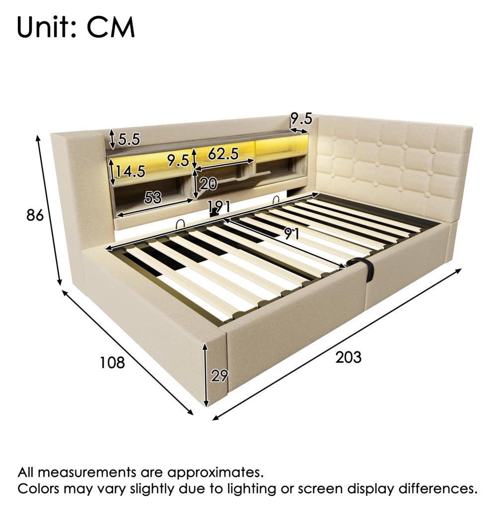 Letto 90x190 cm con LED; contenitore e porte di ricarica in lino beige