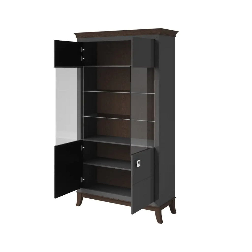 Vetrina design 2 porte collezione PALACE. Colori grigio e rovere scuro.