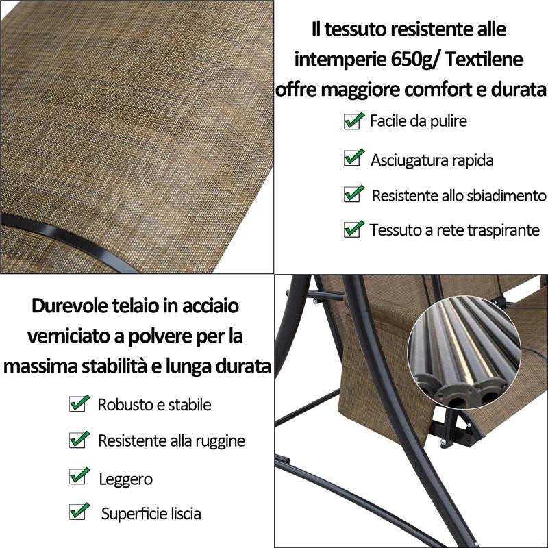 DONDOLO DA GIARDINO 3 POSTI TETTUCCIO E TASCHE PORTAOGGETTI MARRONE