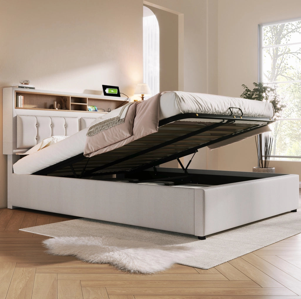 Letto matrimoniale contenitore 160x200 cm con testiera regolabile; USB/Type-C e materasso; lino beige