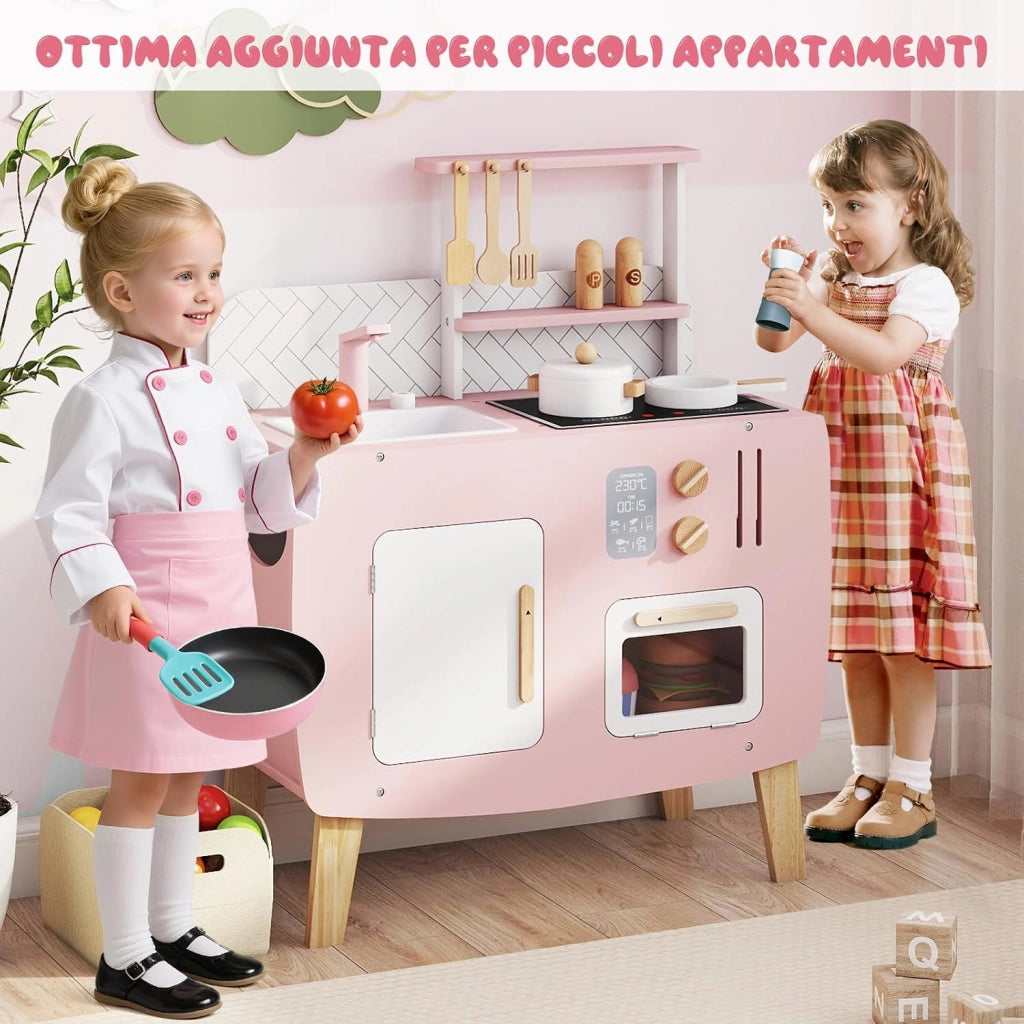 Cucina Giocottolo in Legno per Bambini, Set Gioco di Ruolo Chef con Luci e Suoni, Forno, Fornelli, Microonde e Accessori Vari, Adatto a Bambini 3+ Anni, 58 x 29 x 73,5 cm