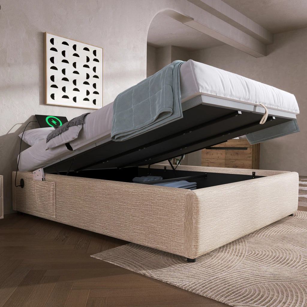 OKWISH Letto contenitore 140×200 cm, Letto Matrimoniale con USB, Tipo C e Vano Contenitore, senza Materasso, in Lino, Beige Naturale