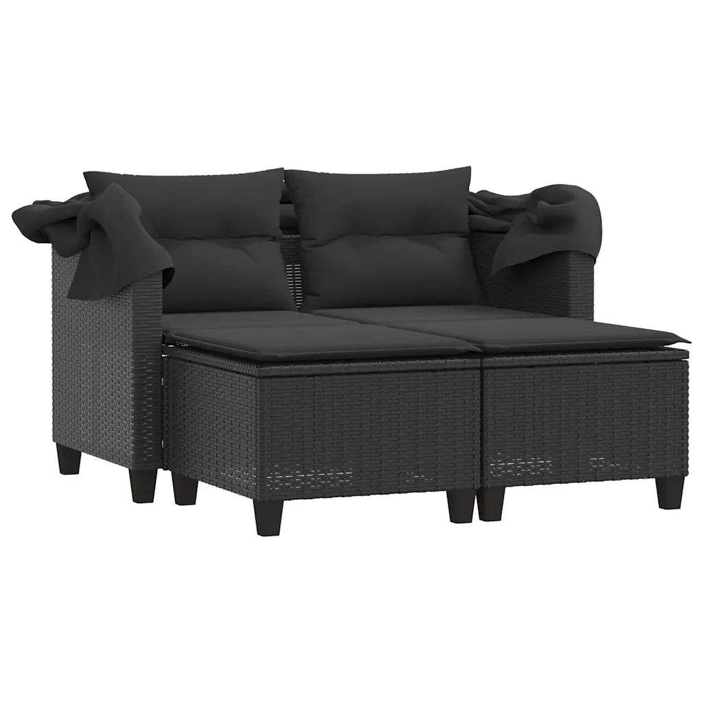 Divano Giardino 2 Posti Baldacchino e Sgabelli Nero Polyrattan 365781