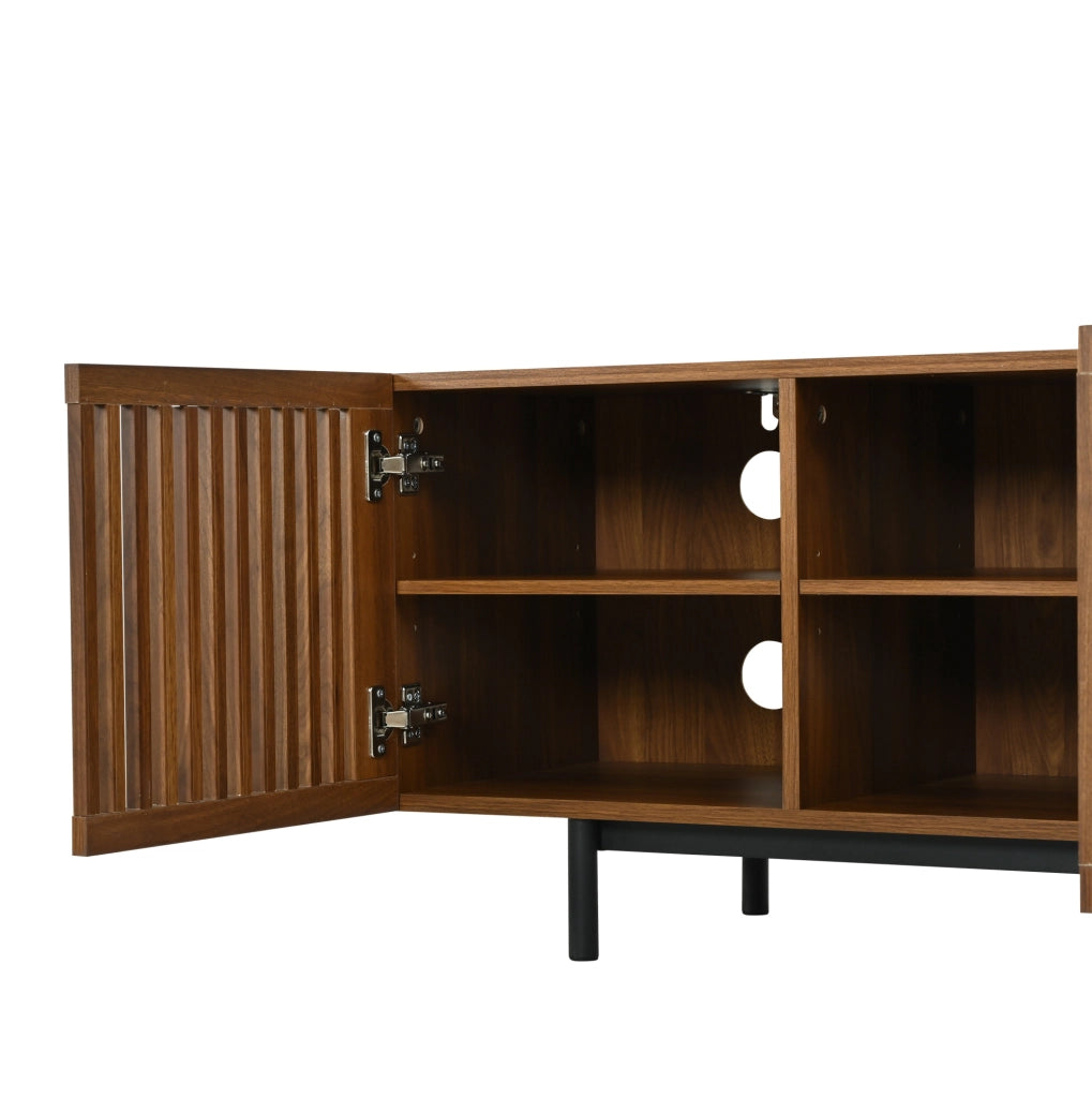 Mobile TV 160 cm con ante a doghe; 2 cassetti e vani aperti; MDF nero/naturale