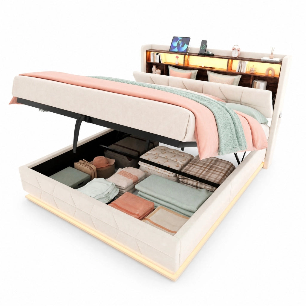 Letto matrimoniale 140x190 cm in velluto beige con testiera contenitore; LED e porte USB/Type-C