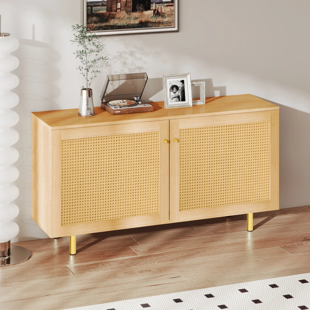 Mobile contenitore a 2 ante con ante in rattan intrecciato, struttura in MDF e piedini in metallo, finitura naturale 120×40×63 cm