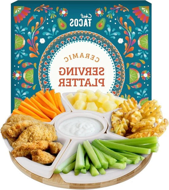 Piatto di servizio per tacos in ceramica - Tavola da dessert divisa per il Taco Tuesday - Lazy Susan per bar di tacos - Set di servizio per patatine e salse - Tavola da antipasto per snack di salsa - Scatola per tacos 26 cm