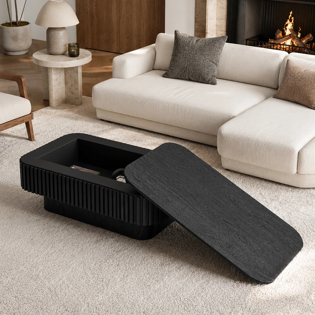 Tavolino da salotto 98 cm; coffee table with hidden storage e coperchio rimovibile; MDF e legno; nero