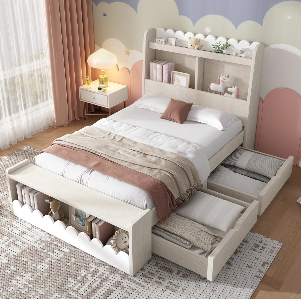 Letto singolo 90x200 cm con cassetti e ripiani; legno massello e MDF bianco e rovere