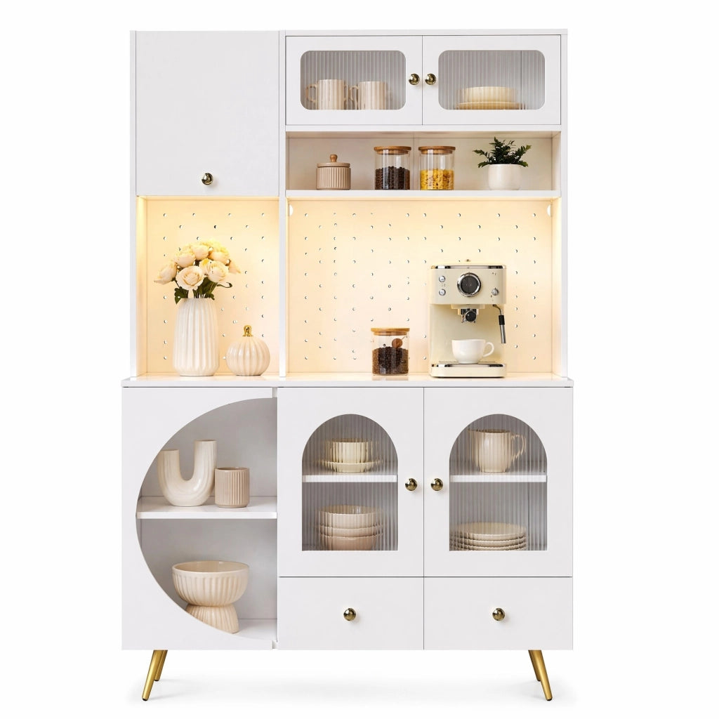 Credenza alta 120x40x176 cm bianca in MDF e vetro, LED e prese USB