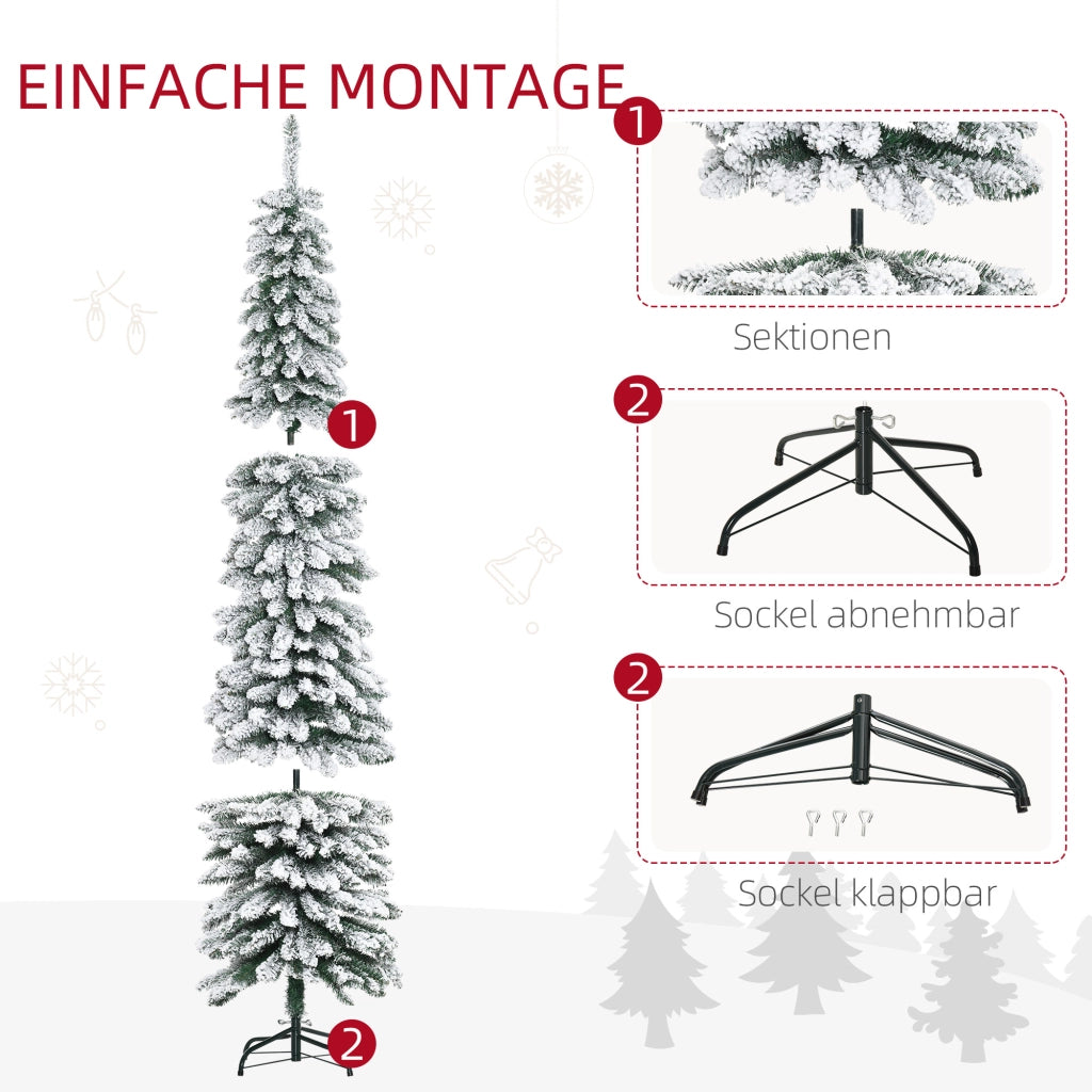 Albero di Natale artificiale, innevato, design sottile, ignifugo, 210 cm, verde/bianco