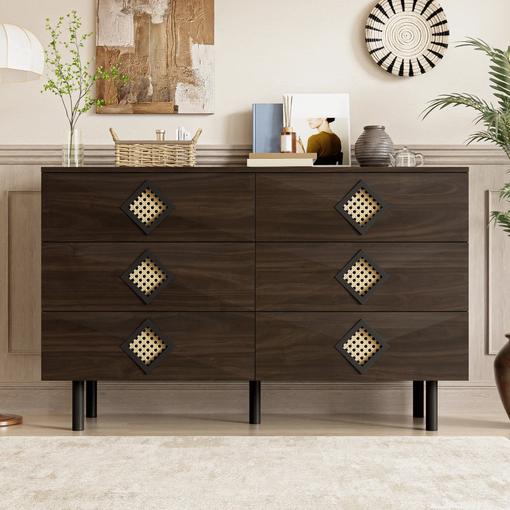 Tavolo trucco elegante con 6 cassetti - Zephmum- Maniglie in rattan, stabile e pratico