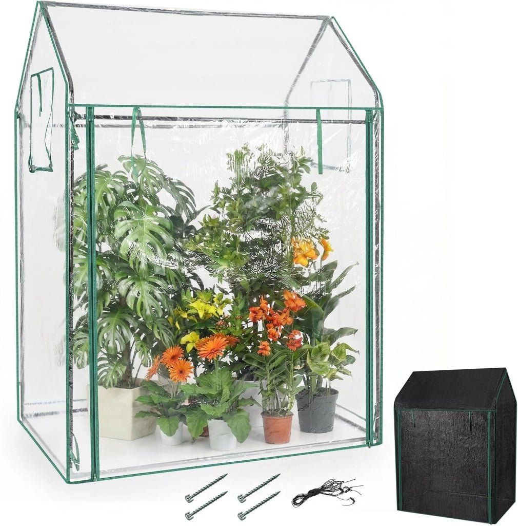 Mini Serra da Esterno ed Interno 129 x 80 x 173 cm, Serra per Pomodori con Copertura Trasparente in PVC, Rete per Ombreggiatura, Porta e Finestre, Ideale per Giardino, Cortile e Terrazzo