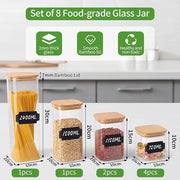 Set di contenitori in vetro, 8 pezzi, 2400 ml/1500 ml/1150 ml/750 ml, contenitori di stock con coperchio, contenitori rettangolari, grande contenitore in vetro per stock, contenitore di stock con coperchio in legno, contenitori di stock per spaghetti.