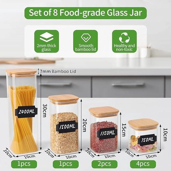 Set di contenitori in vetro, 8 pezzi, 2400 ml/1500 ml/1150 ml/750 ml, contenitori di stock con coperchio, contenitori rettangolari, grande contenitore in vetro per stock, contenitore di stock con coperchio in legno, contenitori di stock per spaghetti.