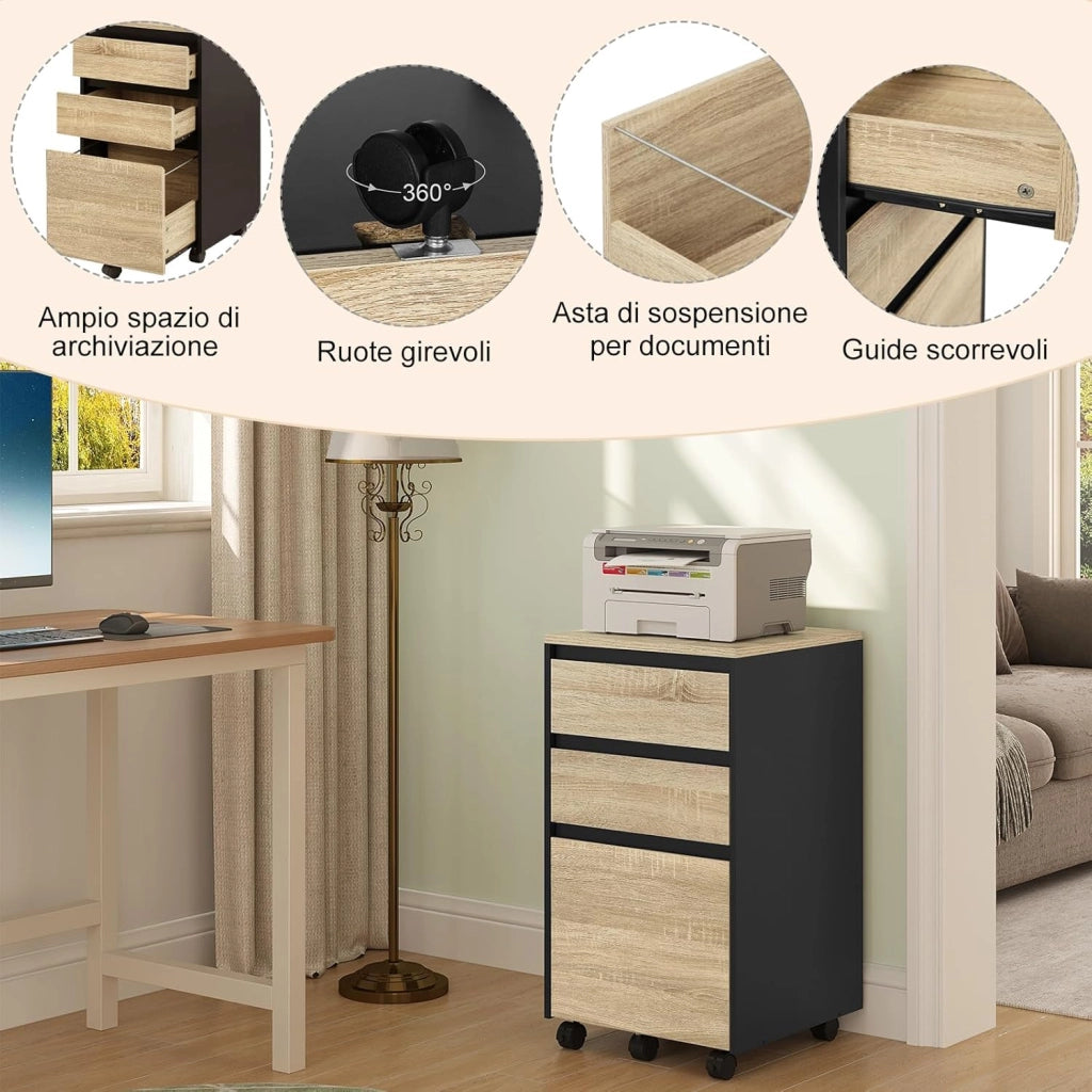 Cassettiera da Ufficio, Cassettiera Portadocumenti a 3 Cassetti, Mobiletto Portaoggetti con Ruote per Studio, Camera da Letto,in Legno, Rovere Chiaro e Nero, 40x40x70cm, ASK01hei